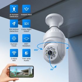 2.4Ghz Light Bulb Security Camera; Human Detection And Track; Color Night Vision; Instant Alert; 1080P Wireless Wi-Fi Smart Home Security Cameras
